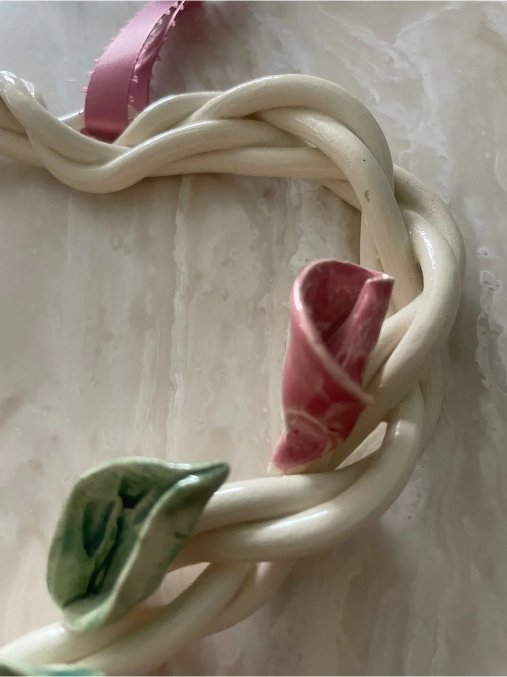 Pottery Ceramic Braided Heart Lily Pink Flowers Green Leaves Ribbon Hanging